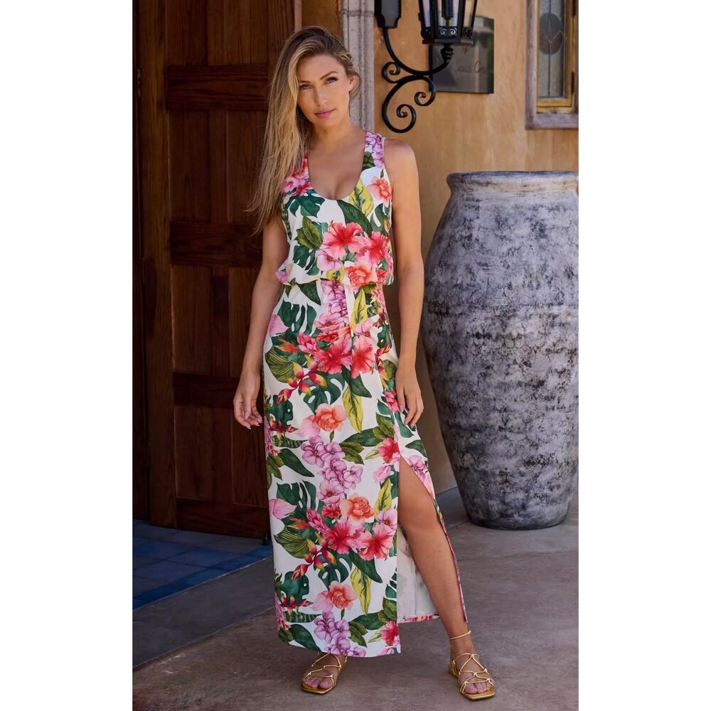 Boston Proper Tropical Oasis Print Blouson Slit Ankle Length Dress size Small